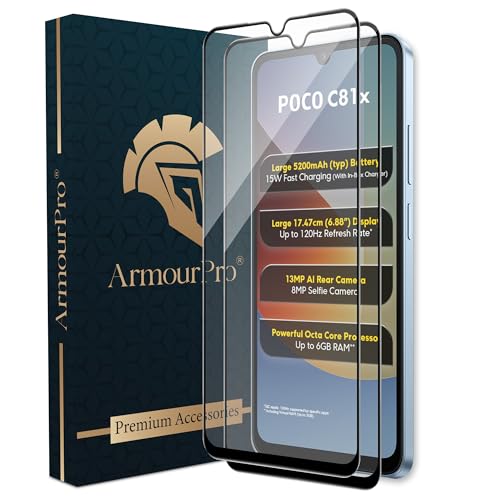Image of ArmourPro Tempered Glass for Poco C81x - 9H Anti Scratch Screen Protector, Edge to Edge Coverage, HD Clarity, Smooth Touch, Case Friendly | Black, Pack of 2