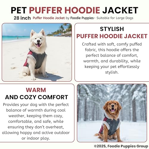 Image of Foodie Puppies Dog Puffer Hoodie Warm Winter Jacket - (Maroon Grey, 28 Inch) for Large Dogs | Ultra Warm Waterproof & Windproof Fur Coat | Washable Pet Vest Apparel for Cold Weather