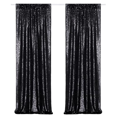 Poise3EHome Black Sequin Backdrop Curtains 2 Panels 2FTx8FT Glitter Photo Booth Backdrop for Halloween Birthday Bachelorette Wednesday Twilight Party Decorations