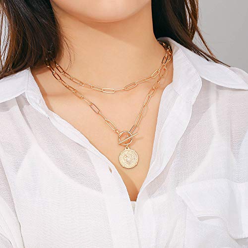 Gold Layered Necklaces for Women, 14K Gold Plated Vintage Evil Eye Queen Elizabeth Bee Sun and Moon Medallion Necklace Retro Choker Chain Link Necklace Gold Layered Necklaces for Women Jewelry2