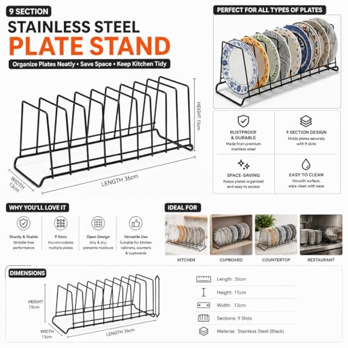Image of TechSrmaji Premium 9- Section Stainless Steel Plate Stand | Dish Organizer Rack for Kitchen Cabinet & Countertop | Rust Proof 9 Plate Holder for Dishes, Thali & Lids (9-Section) Black
