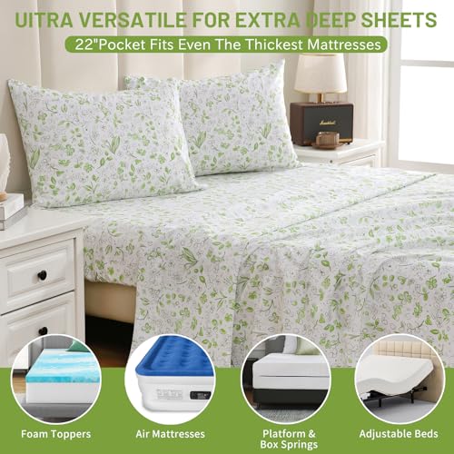 Image of Bedlifes Floral Pattern Bed Sheet Set Queen Size, 16 inch Deep Pocket 4PCS | Ultra Soft Microfiber, Breathable & Silky, OEKO-TEX Certified, Easy-Care Machine Washable, 4PCS, All-Season Spring Bedding
