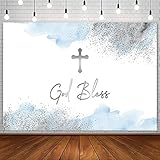 AIBIIN 7x5ft God Bless Backdrop for Boy First Holy Communion Baptism Christening Party Decorations Blue Watercolor Cloud Silver Cross Newborn Baby Shower Photography Background Banner Photo Studio