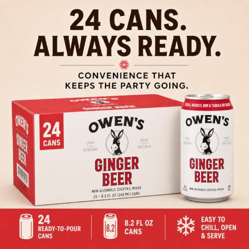 Image of Owen's Premium Non-Alcoholic Sparkling Cocktail and Mocktail Mixer, Drink Mixer for Cocktails, Mocktails, and Party Beverage, 24 Pack of 8.2 fl oz Cans (Ginger Beer)