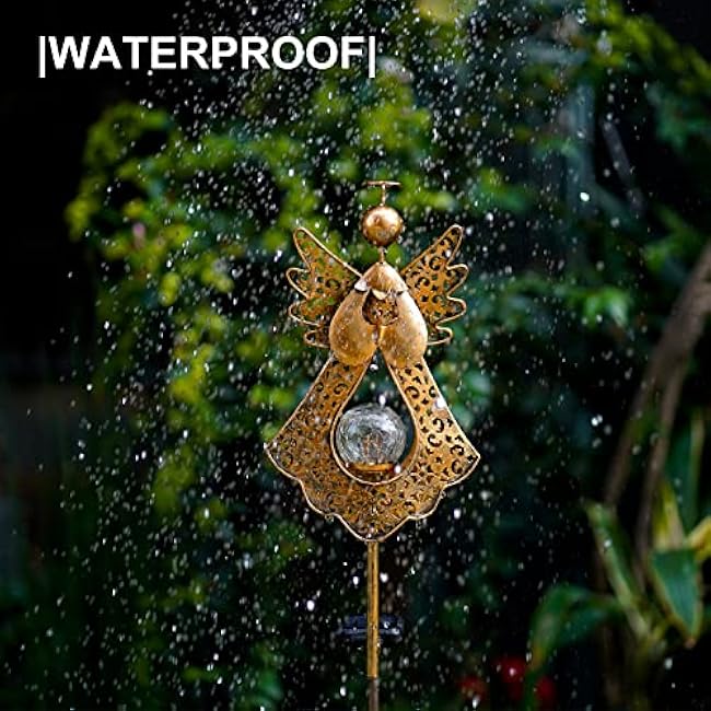 Starryfill Angel Stake Solar Lights with Crackle Glass Globe Waterproof Warm White LED, 40.5 inches Height Metal Bronze Stake Garden Patio Art Decor, Memorial Gift for Mom Women or Friends