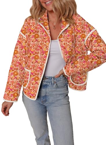 Dokotoo Warm Quilted Jackets for Women Long Sleeve Floral Print Button Down Puffer Jacket Coats with Pockets