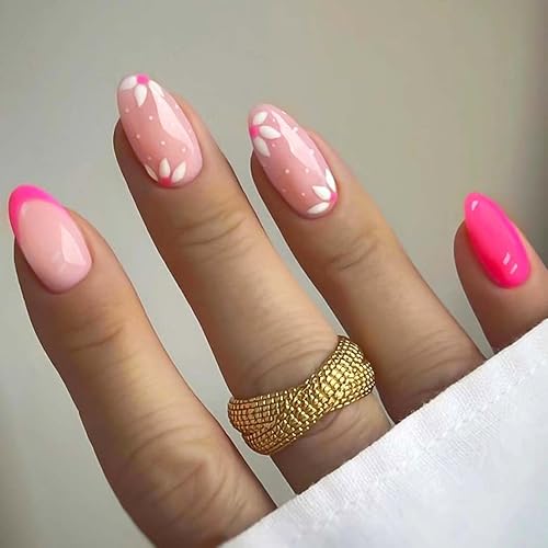 RikView Uñas postizas a presión de color rosa medianas, con diseño de flores, uñas de almendra, uñas acrílicas brillantes, 24 unidades por juego
