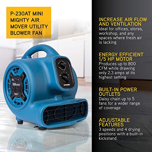 XPOWER P-230AT Mini Mighty Air Mover Utility Blower Fan with Built-In Power Outlets, Blue