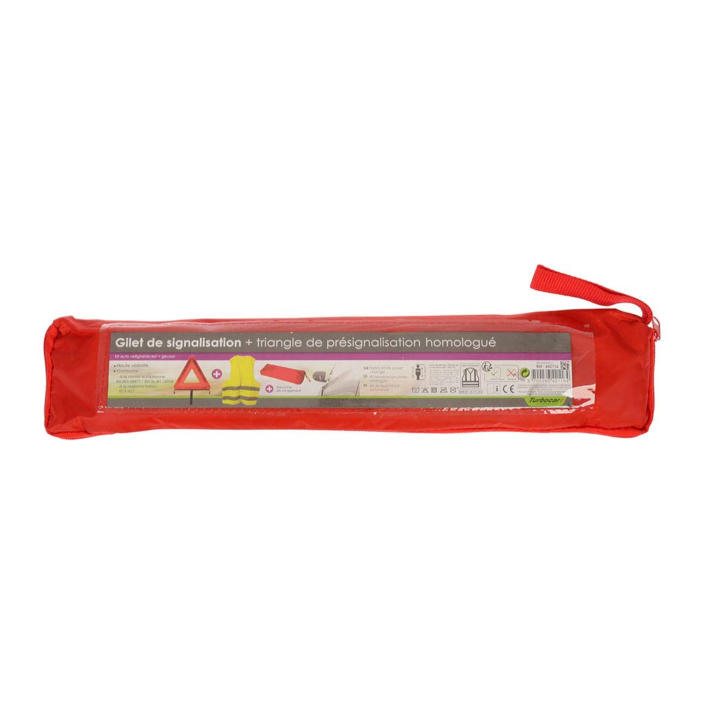 Kit de sécurité Voiture - 2 pièces - Comprend: 1 Gilet et 1 Triangle avec Pochette de Rangement - Taille XL - Obligatoire dans Les véhicules en Europe - 2 Larges Bandes réfléchissantes