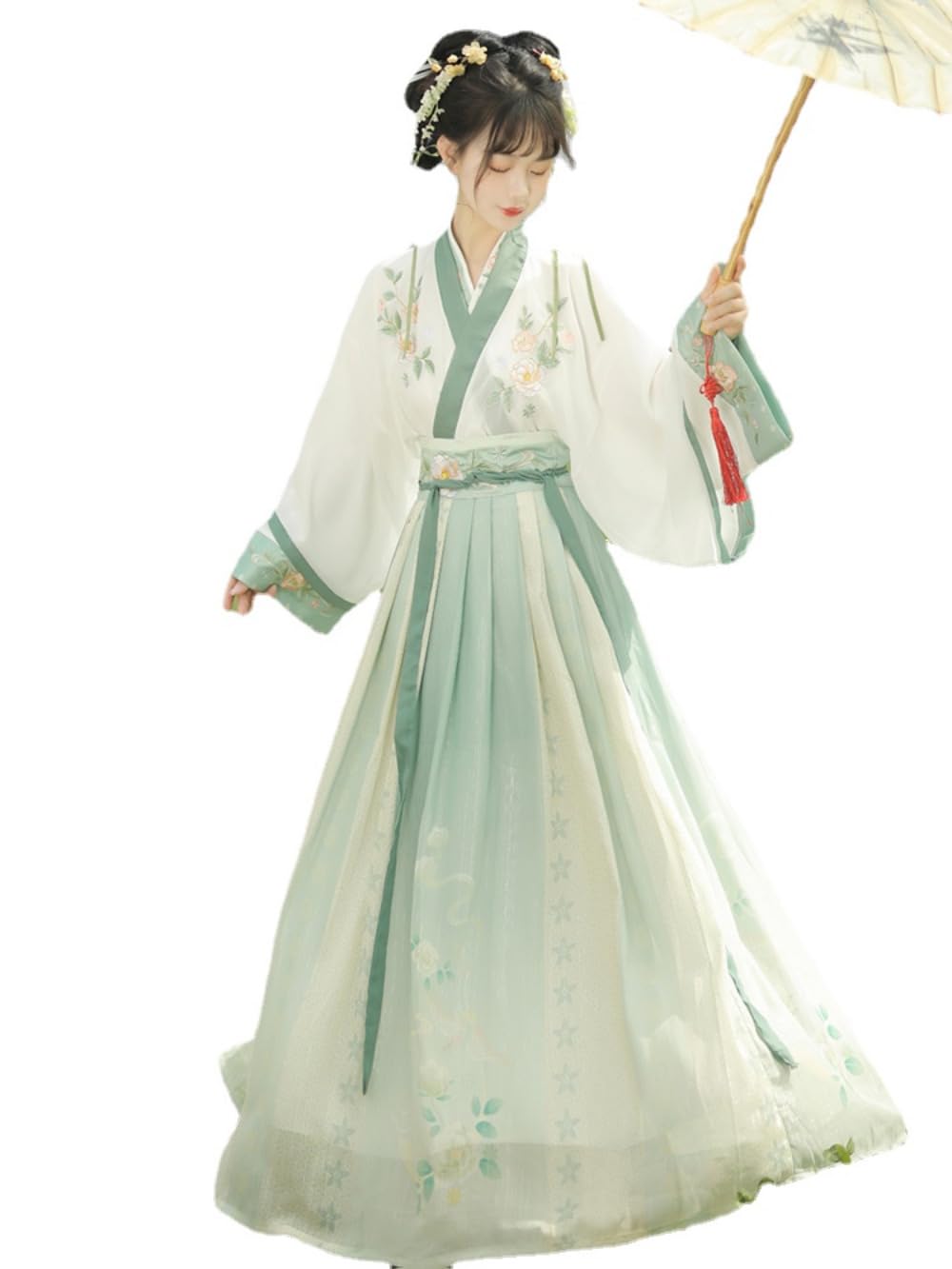 Chiński tradycyjny kostium Hanfu Dress, chińska od Han Elemental Starożytny styl Odzież damska Hanfu Haftowana spódnica Ru w stylu chińskim(Green,X Large)