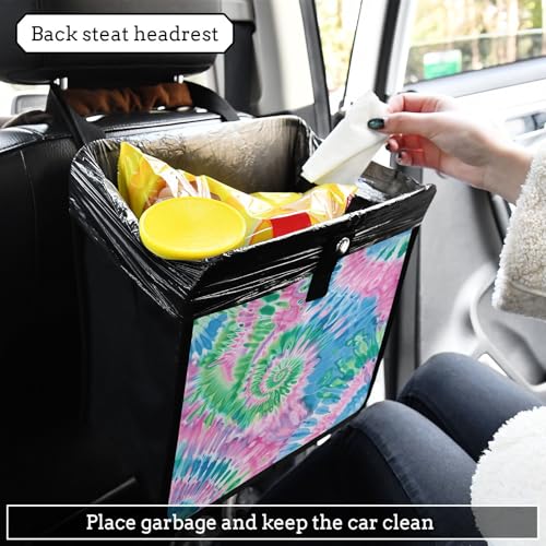 Image of Car Trash Can Organizer Bin with Adjustable Strap for Back Front Seat Console Waterproof Leakproof Collapsible Portable 11 Inch Tie Dye Blue Green Pink