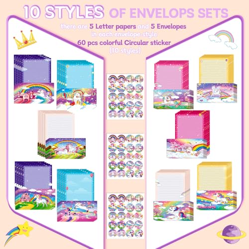 Image of TaoBary 160 Pcs Stationery Paper Set 50 Double Sided Stationery Papers with 50 Matching Envelopes and 60 Round Dot Sticker, 10 Design(Unicorn,8.5 x 11 Inch)