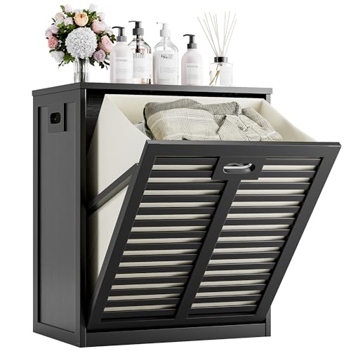 HITNET Meuble Salle de Bain avec Panier à Linge, Armoire bas Salle de Bain en Bambou avec 63L Sac Intérieur Amovible pour Buanderie, Toilette et Chambre à coucher, Noir