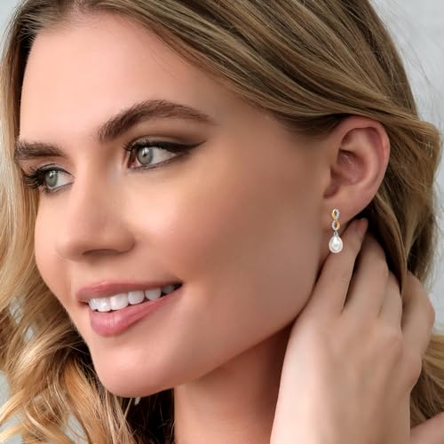 Gem Stone King 7X9MM Cultured Freshwater Pearl and White Lab Grown Diamond Infinity Dangling Earrings for Women | 925 Sterling Silver and 10K Yellow Gold | Fine Jewelry Gifts for Her Mom Women Wife4