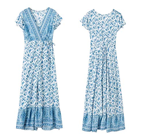 Image of R.Vivimos Women's Summer Short Sleeve Floral Print Bohemian Beach Waist Tie Wrap Long Flowy Dress with Slit