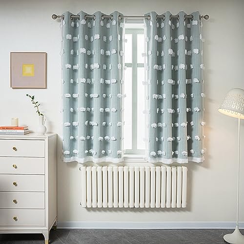 Image of MYSKY HOME Aqua Curtains for Bedroom 54 Inch Long Double Layer Curtains for Kids Room Kithen White Pom Pom Sheer Nursery Curtains Short Grommet Room Darkening Small Window Curtains 2 Panels 52 inch x 54 inch