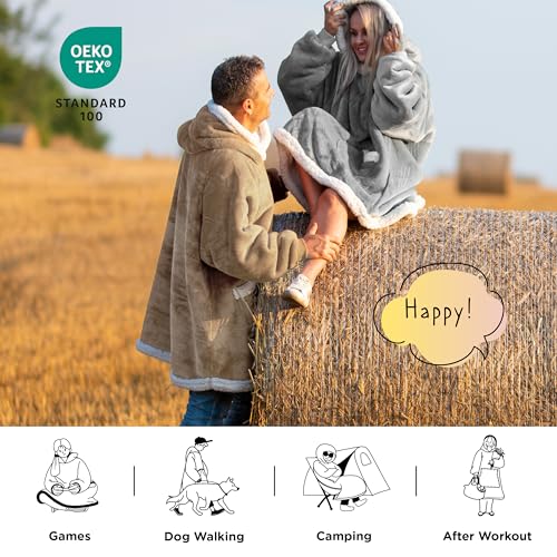 Bedsure Blanket Hoodie, Wearable Blanket for Adults & Kids as Gifts for Women Men, Birthday Gifts for Women Mom Girl Sherpa Oversized Hoodie, Grey, Small