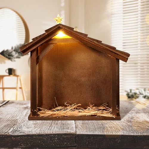 Wenqik Christmas Nativity Stable with LED Star Light 10.8 Inch Wooden Manger for Nativity Scene Nativity Creche Stable Home Desk Decor for Holy Family (Without Figurines and Batteries)