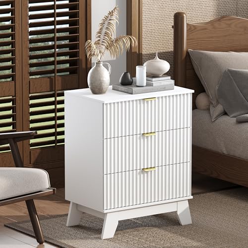 Image of Wodeer White Night Stand with 3 Drawers, Bedside Table & End Table, 24 inch Wide Mid Century Modern Fluted Wood Nightstand with Metal Handles, Farmhouse Night Stands for Bedroom