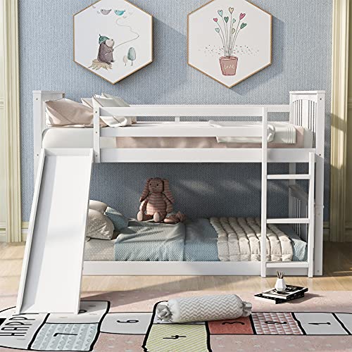 Bellemave Floor Bunk Bed with Slide, Full Over Full Wooden Low Bunk Bed with Slide and Ladder, for Toddlers Kids Boys Girls (White)