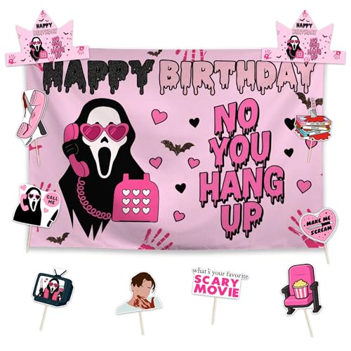 Allenjoy Pink Horror Skeleton Phone Movie Birthday Party Supplies Sets - 1pc 59 x 35 Backdrop 2pcs Paper Headwear 8pcs Photo Booth Props