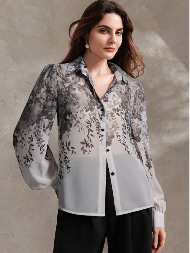 Image of Women Shirt || Women Top ||Autumn Leaves Print Polo Collar Shirt, Casual Long Sleeve (S-22-25)