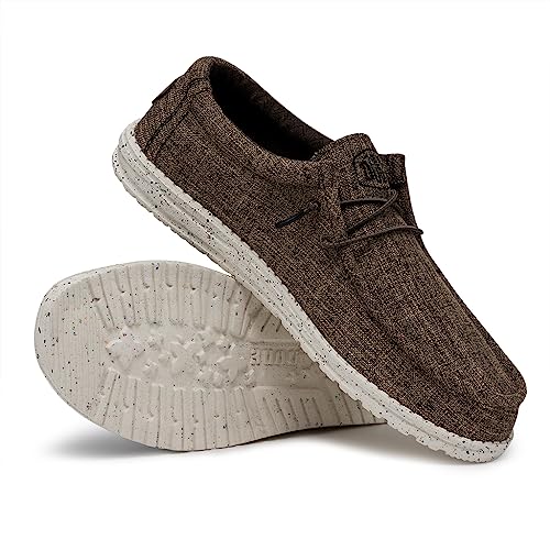 Image of HEYDUDE Men's Wally Blend Linen Slip On Loafer, Linen Dark Brown Size 12 | Lightweight Casual Shoe with Easy On Elastic Laces