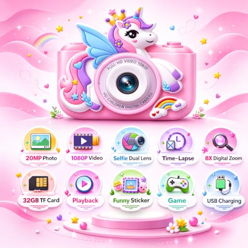 Image of PLUSPOINT Kids Camera, Unicorn Toys Camera with Selfie 1080P HD Video, Christmas Birthday Gifts for Girls, Toddler Digital Camera Toys Gifts for 3 4 5 6 7 8 Year Old Girls and Kids,