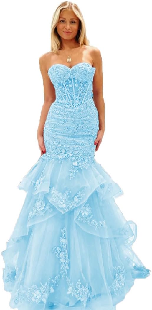 Sweet Strapless Mermaid Prom Dresses Long Mermaid Ruffles Sparkly Formal Evening Party Gown