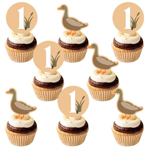 36Pcs Mallard Duck 1st Birthday Cupcake Toppers One Lucky Duck Birthday Cake Decoration 1st Birthday Party Decoration for Animal Duck Baby Shower First Birthday Decor Supplies