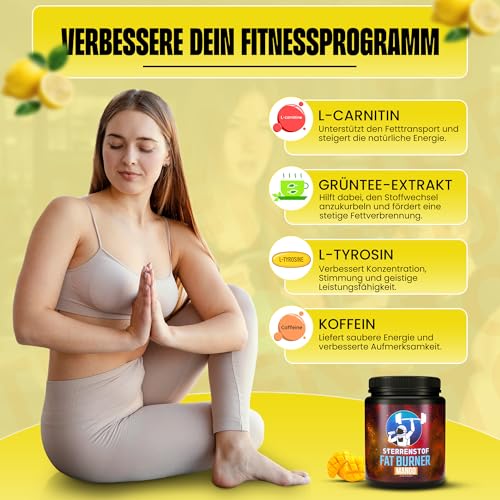 Sterrenstof Fat Burner – Frische Zitrone – Fettverbrenner Appetitzügler mit L-Carnitin, L-Tyrosin, L-Theanin, Grüntee-Extrakt, Koffein – Schnell abnehmen, Fatburner, Diät, 300 g Pulver, 50 Portionen – Bild 5