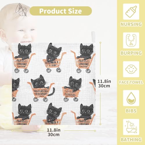 vvfelixl Baby Muslin Washcloths Black Cat Go Shopping Baby Burp Cloths Cotton Babys Face Towel for Newborn Infants Boys Girls Soft and Absorbent 11.8 X 11.8 in, 3 Pack4