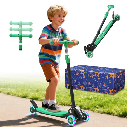Scooters for Kids, Foldable 3-Wheel Scooter for Children with Adjustable Height, LED Flash Wheels, Metal Body - Portable Trike for 6-11 Year Olds, Great Christmas Birthday Gift, Green