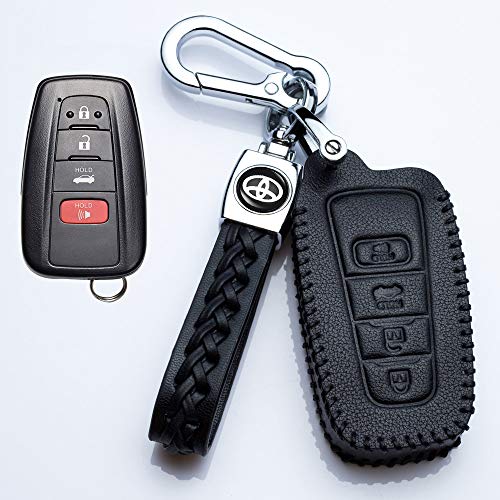 Hey Kaulor Suit for Genuine Leather Remote Key Fob Case Cover Protector with Key Chain for 2019 Toyota Corolla Hatchback, Avalon, Camry, Prius, C-HR