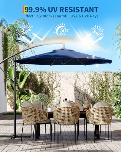 Cantilever Umbrella with Cross Base, 10FT Shade for 2-6 People, Outdoor Offset Design with Infinite Tilt and Crank Lift, Fade-Resistant Cross Base Canopy for Deck Pool Garden Backyard,Navy Blue