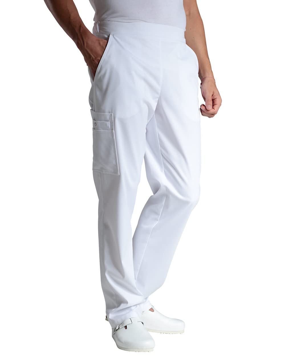 CLINIC DRESS Hose für Damen und Herren, lässige Beinweite, Teilgummibund, 2 Seitentaschen, Schrittlänge ca. 86 cm, Stretch, 95 Grad Wäsche