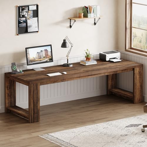 Image of Tribesigns 2 Person Desk Set of 2, 86.6 Inches Extra Long Desk, Two People Computer Writing Table, All Wood Large Desks Workstation for Home Office, Rustic Brown