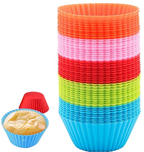 50 pcs Moldes de Horneado Reutilizables de Silicona Muffins Moldes Redondos Revestimientos de Magdalena para Magdalenas, Tartas, Helado y Pudín 5 Colores