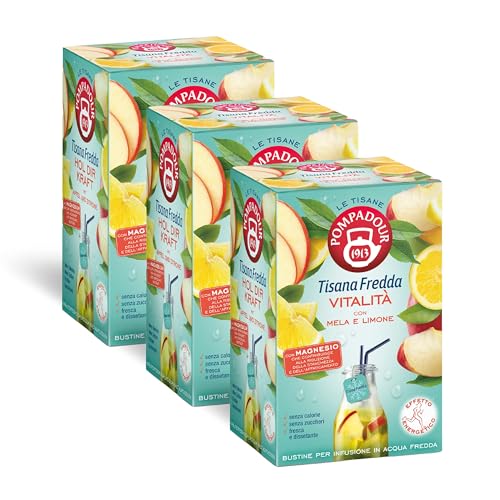 Pompadour, Tisana Fredda Vitalità, 54 Filtri (3 Confezioni da 18 Filtri), con Mela e Limone, Energizzante e Dissetante, Senza Lattosio, Glutine e Allergeni