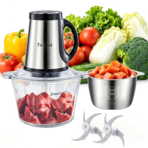 Tviorst Electric Food Processor, 3-Speed Food Chopper with Meat Grinder & Vegetable Chopper - 2 Bowls (8.5 Cup Stainless Steel+8.5 Cup Glass) with Powerful 300W Copper Motor, 2 Bi-Level S Blades - image 1