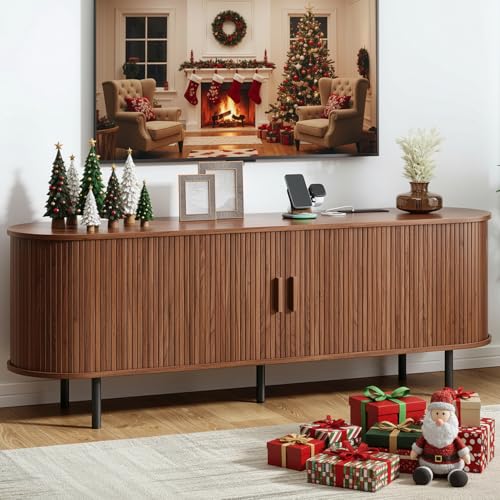63' Fluted TV Stand with Power Outlet, Modern Media Console with Sliding Doors, Entertainment Center for TVs up to 60 Inch, Adjustable Shelves, Walnut