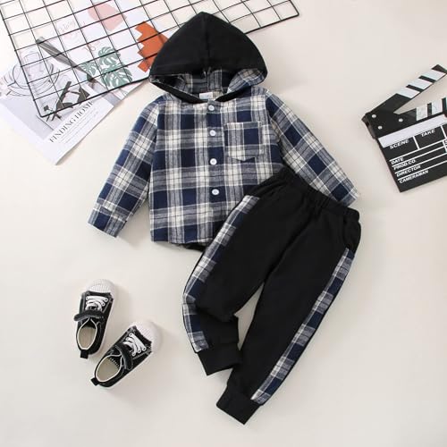 Image of FOCUTEBB Toddler Baby Boys Clothes Plaid Shirt Tops Hoodied Long Sleeve Sweatsuit Pants Fall Winter Outfits 12M-6T