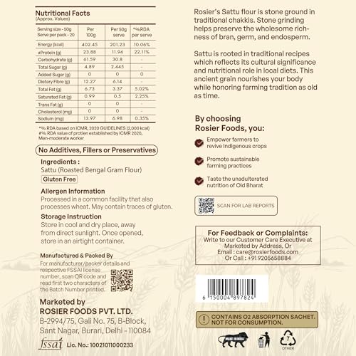 Image of ROSIER Chana Sattu Atta 1kg | Roasted Bengal Gram Flour | High Protein & High Fibre | Instant Energy Drink & Cooking Flour | Chakki Ground | Gluten-Free | No Additives
