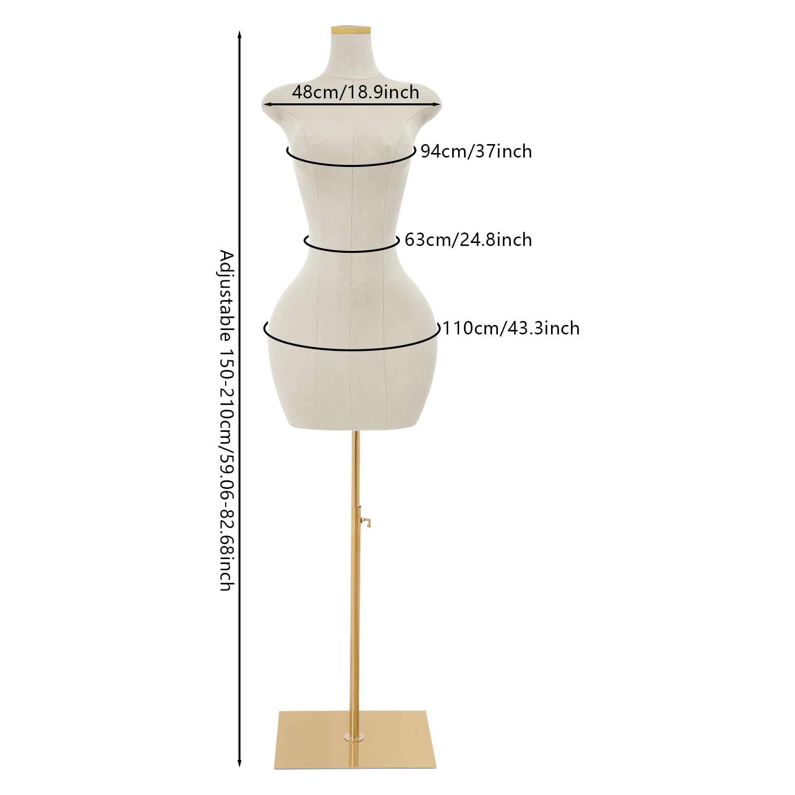 Manichino da sartoria femminile, regolabile, 150-210 cm, con base in metallo (bianco) | Manichino Body Female grigio con base in metallo, manichino da donna, busto sartoriale, busto per negozio di abbigliamento