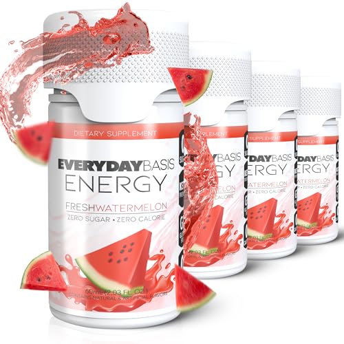 Everyday Basis Energy Shots - Natural B12 Vitamin Energy Shot Bottles with Amino Acids - Made with Monk Fruit, Sugar Free and Zero Calories - Includes Four (4) 2oz Watermelon Caffeine Shots
