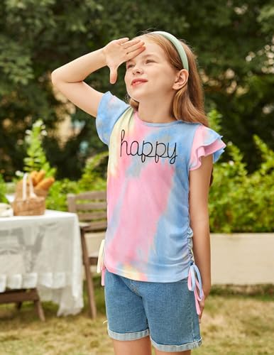 Image of Arshiner Girls T Shirts Ruffle Short Sleeve Ruched Knot Side Tunic Blouse Summer Tee Tops