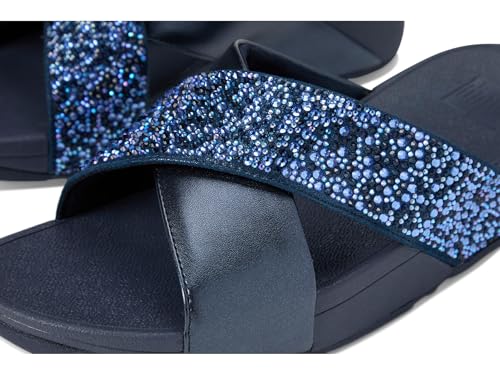 Image of FitFlop Womens Lulu Crystal-Mix Metallic Cross Slides All Black Sandal