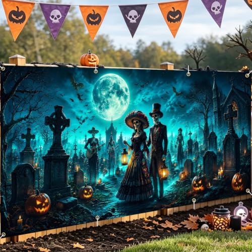 Image of Halloween Garage Door Decorations 6 x 13 ft, Skeleton Grave Cover