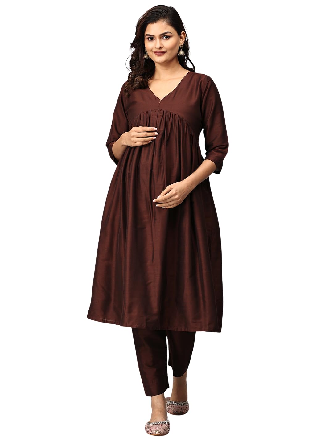 Women's Raw Silk Maternity and Nursing Kurta Set | Front Zipper for Easy Feeding Pre and Post Pregnancy