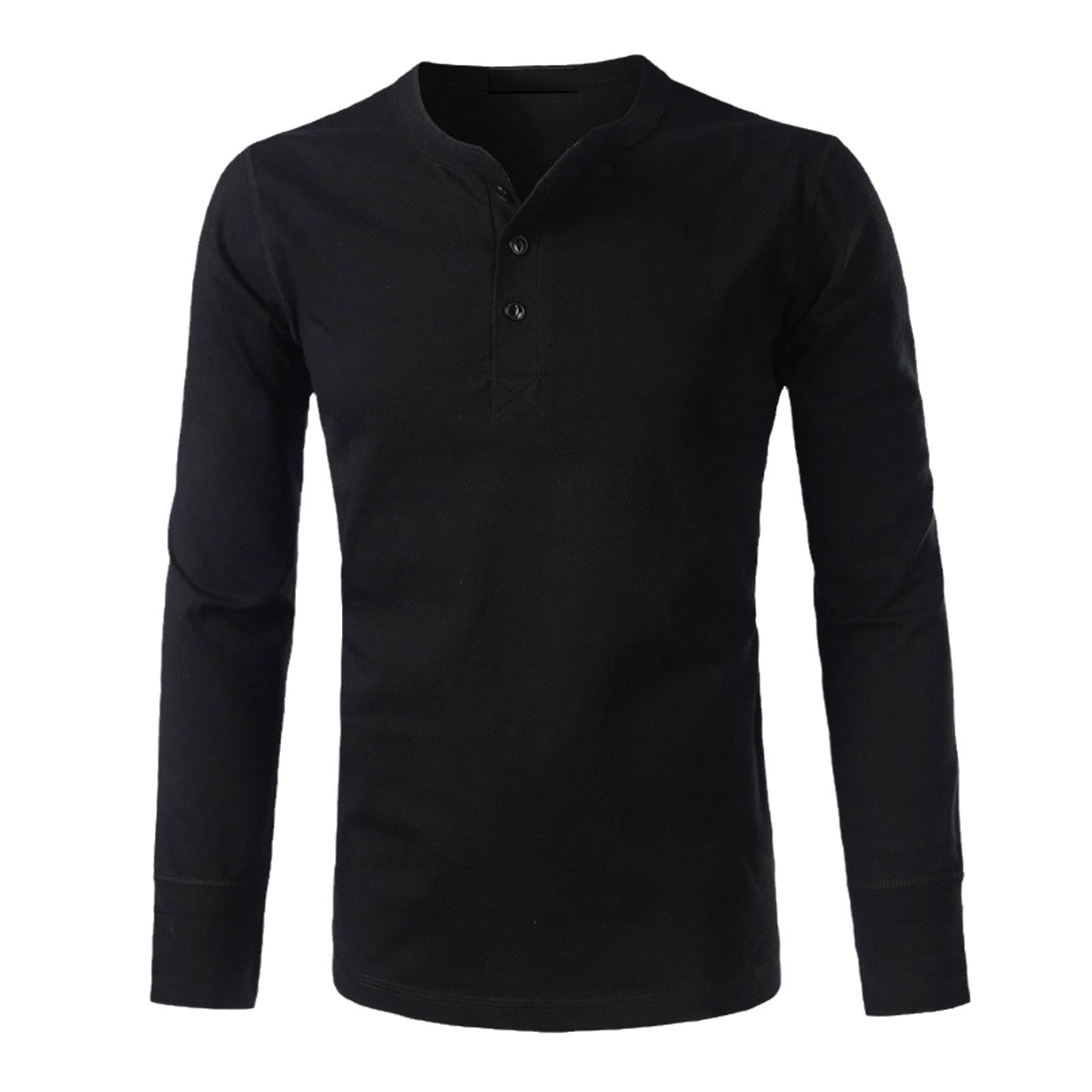 Klassisches lässiges Henley-T-Shirt für Herren, modisch, schmale Passform, langärmeliges T-Shirt, Schwarz , M